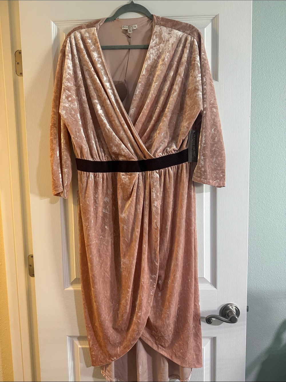 Crushed Velvet Wrap Dress with Black Waistband - Blush Pink